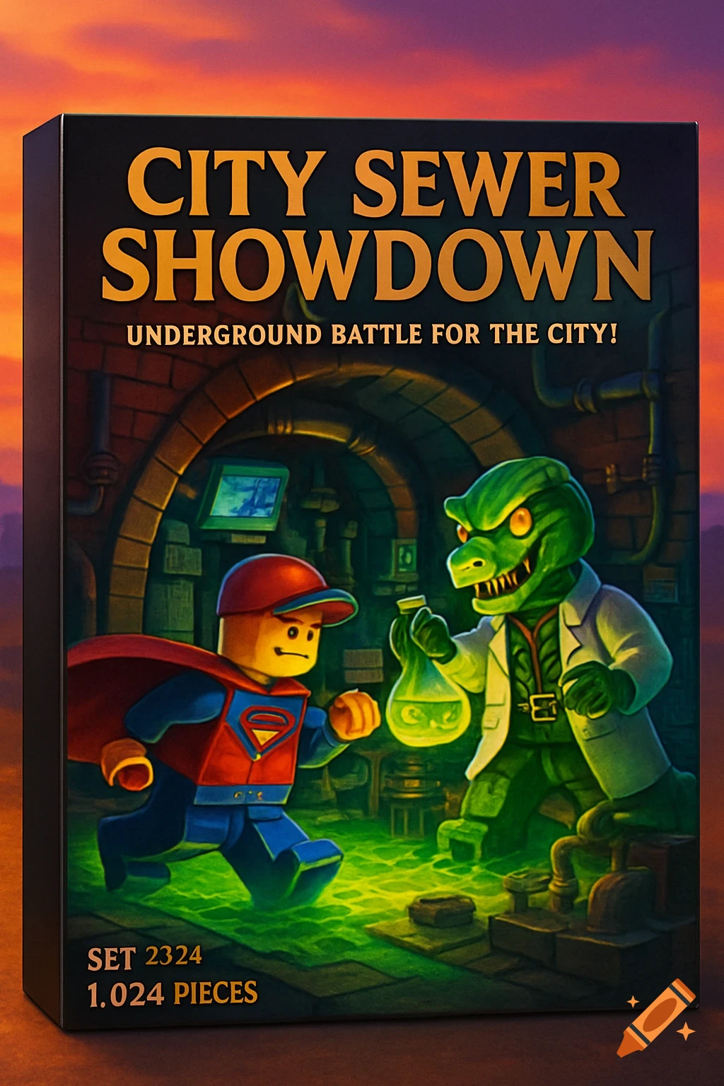 A Lego-style toy box for "City Sewer Showdown" featuring a red-and-blue hero minifigure and a green reptile scientist in a sewer lab, set against a sunset sky.