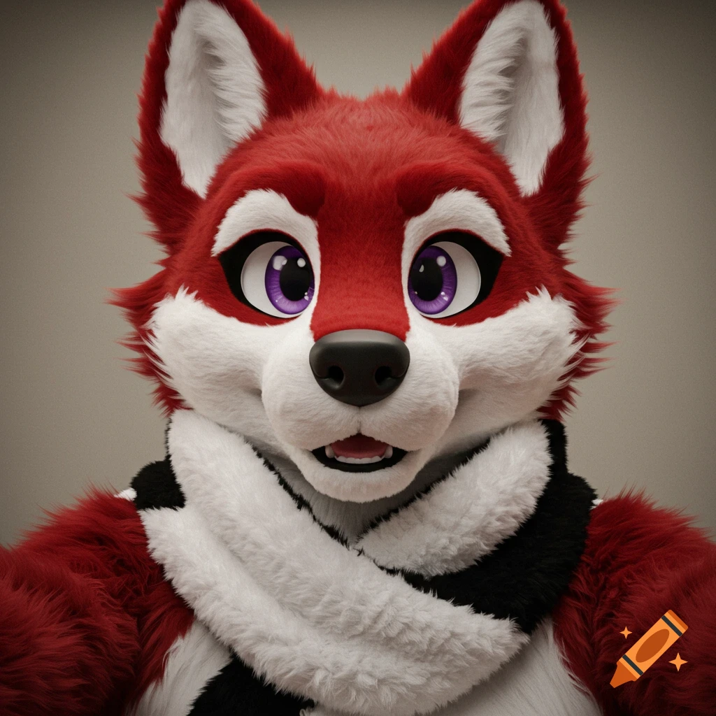Close-up of a toony red and white anthro husky fursuit character with large purple eyes and a black-and-white striped scarf.