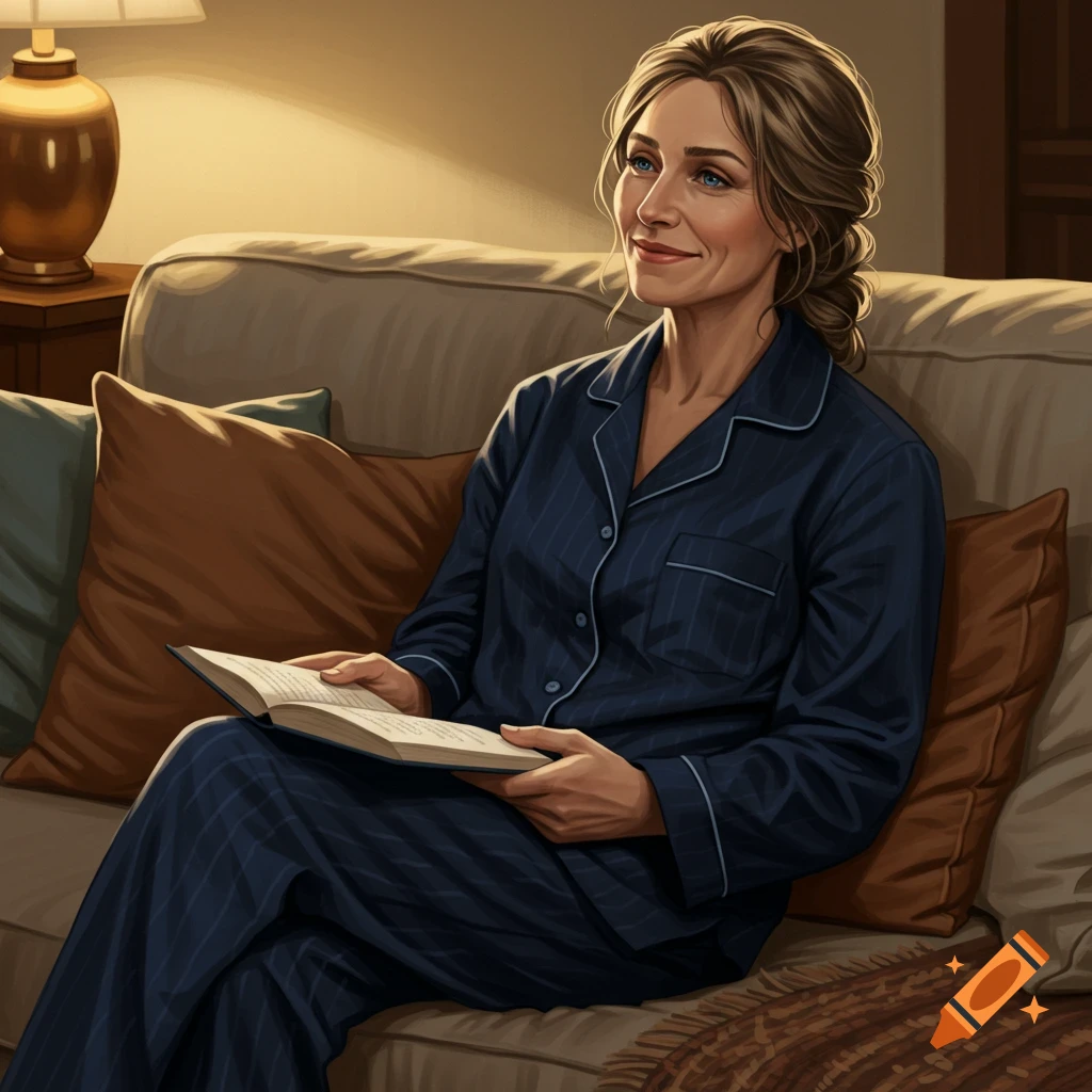 An illustrative image of a smiling woman in dark blue striped pajamas sitting on a couch, holding an open book and looking up.