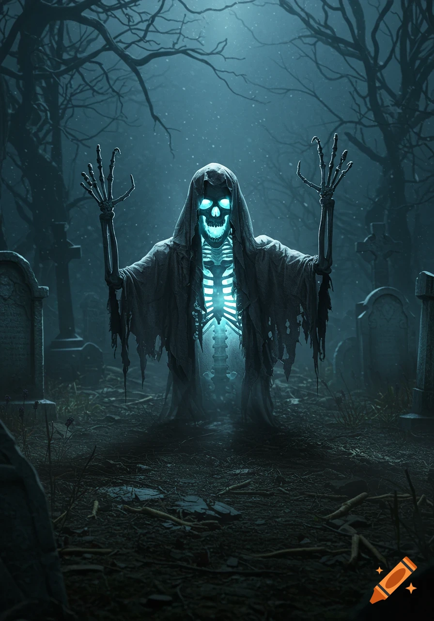 A glowing blue skeleton in a tattered robe with raised arms stands in a dark, foggy graveyard with tombstones and bare trees.