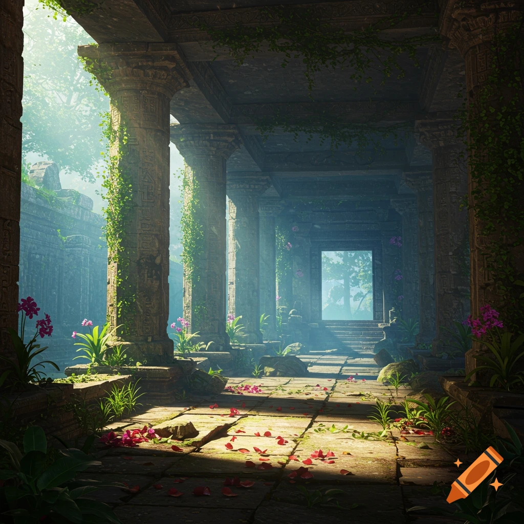 Sunlit ancient temple ruins overgrown with vines and flowers, with stone pillars leading to a bright archway.
