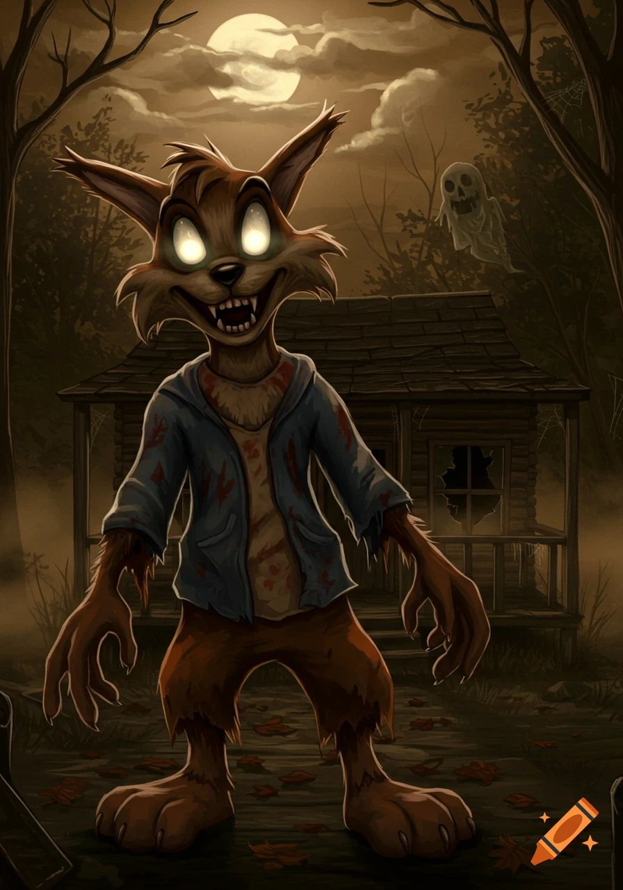 A cartoon bobcat-like creature with glowing eyes, sharp teeth, and torn, bloody clothes stands in front of a spooky cabin under a full moon.