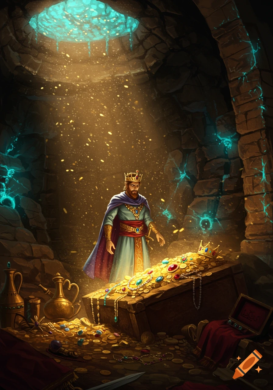 A king in a cave stands before an overflowing treasure chest, bathed in a glowing light from above, with blue magical energy crackling on the walls.