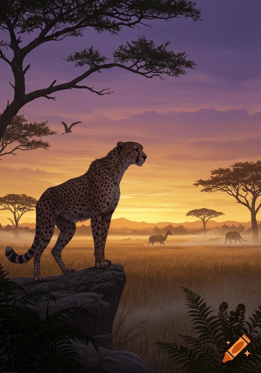 A cheetah stands on a rock, looking out over a misty savanna at sunset, with a pterosaur flying and other animals grazing in the background.