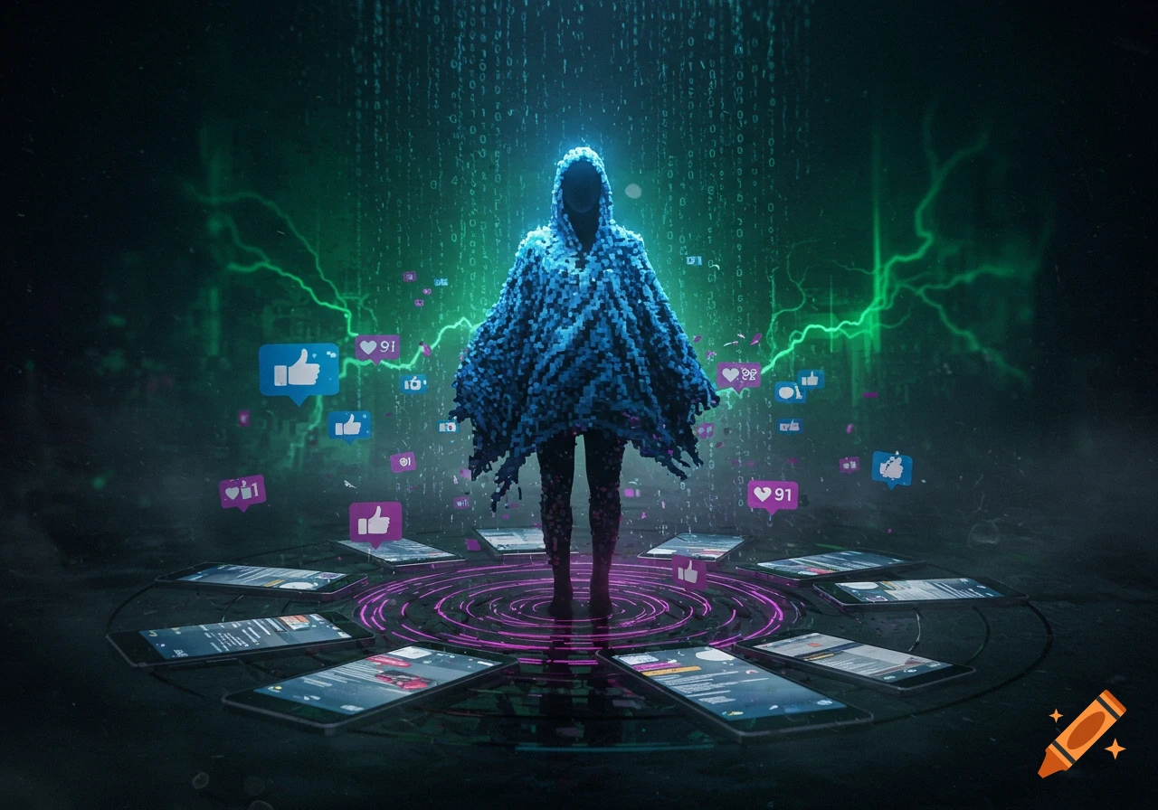 A dark, stylized digital art piece featuring a hooded, pixelated figure amidst binary code, green lightning, and floating social media icons. Smartphones display feeds in a circle at the figure's feet.