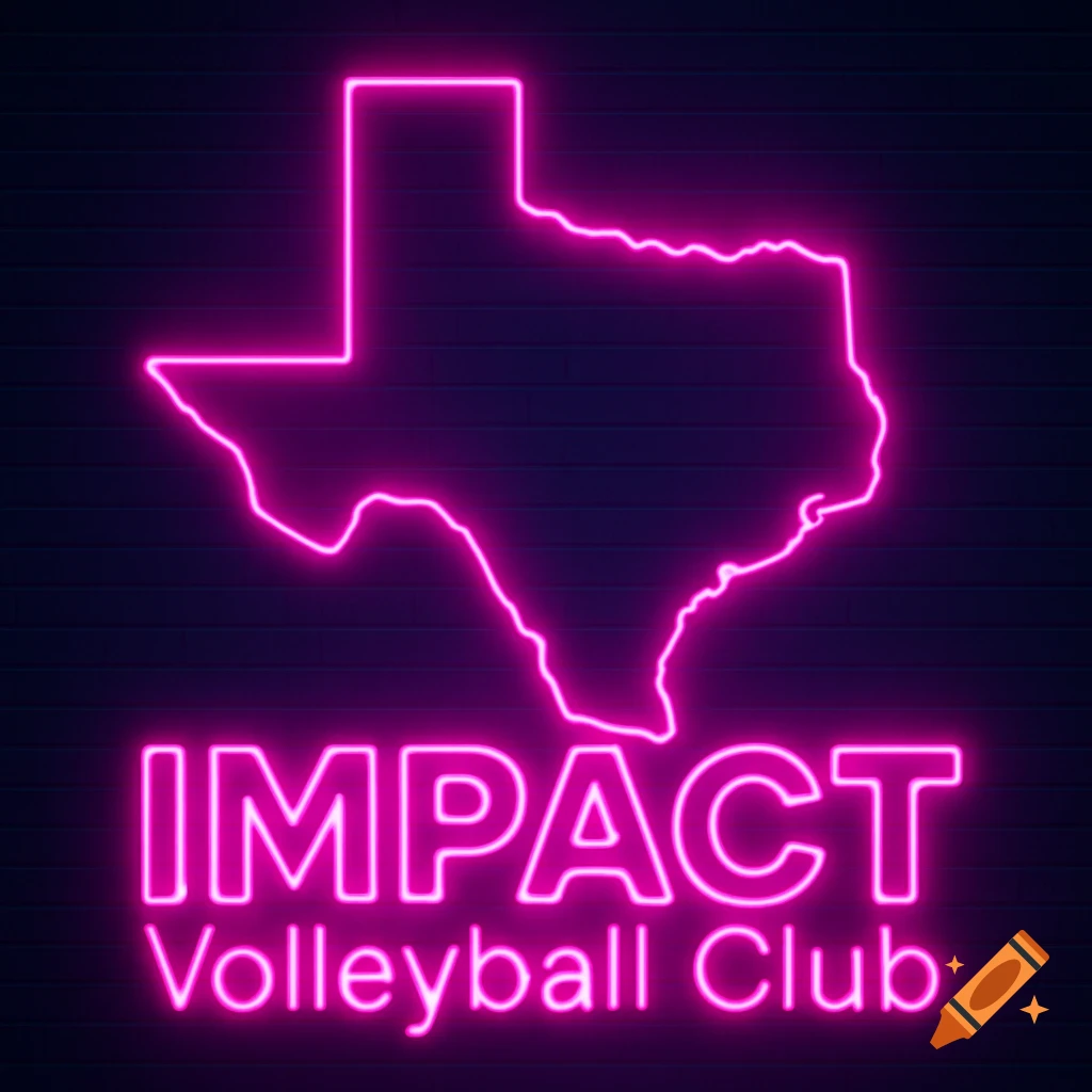 A neon pink outline of the state of Texas with the words "IMPACT" and "Volleyball Club" below it, all glowing on a dark brick background.