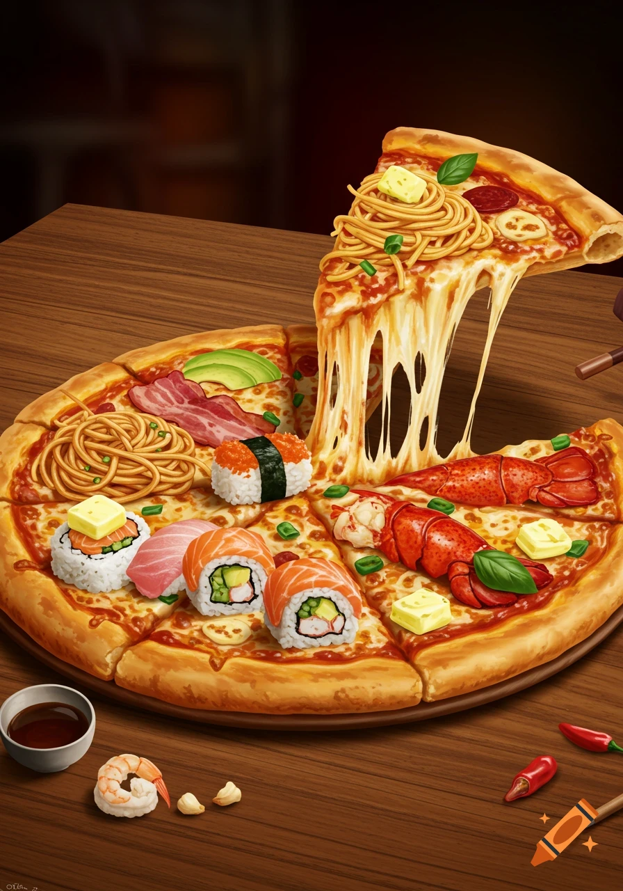 An illustrative image of a pizza on a wooden table, topped with spaghetti, sushi, lobster, bacon, and avocado. A slice is lifted, stretching melted cheese.