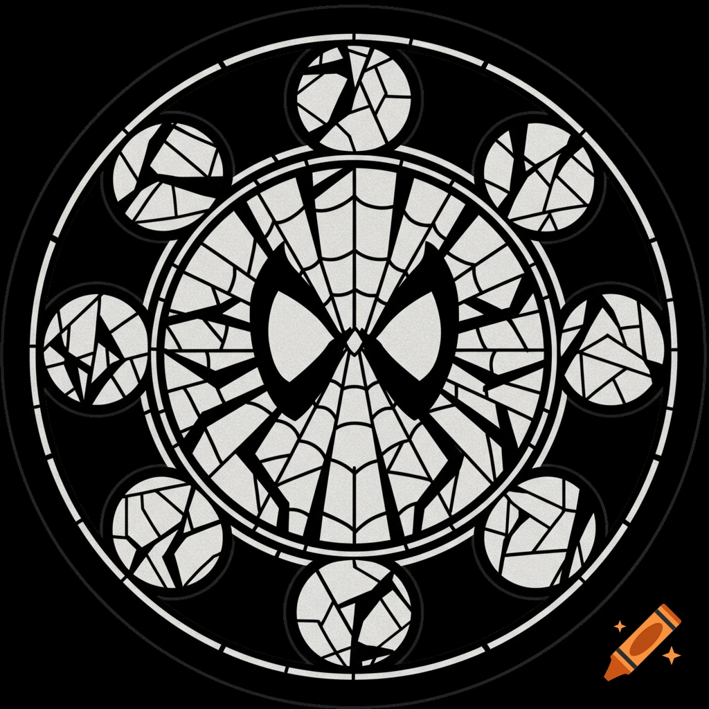 Black and white round stained glass design with a Spider-Man mask logo in the center, surrounded by abstract broken glass patterns.