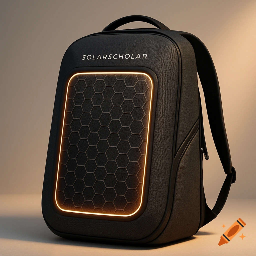 A sleek black backpack with a hexagonal solar panel glowing with an orange light and 'SOLARSCHOLAR' text on top.