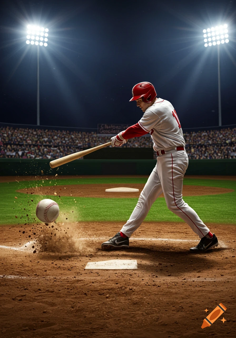 A baseball player in a red helmet and white uniform swings a bat, hitting a baseball that kicks up dirt on a brightly lit stadium field at night.