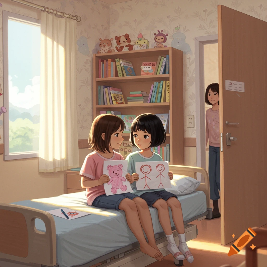 Two anime girls on a hospital bed hold drawings as a woman enters the room.