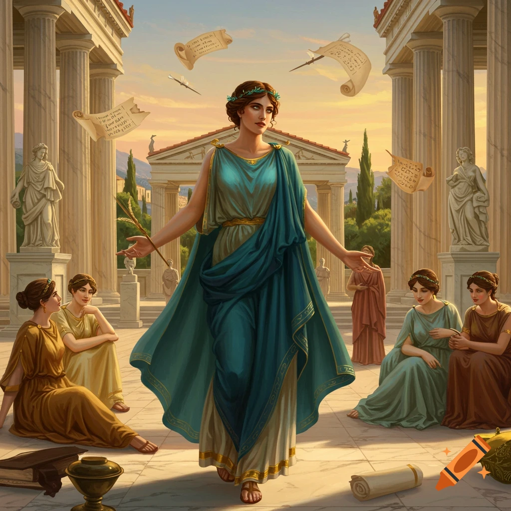 A woman in a blue and white toga stands in an ancient Greek temple courtyard, surrounded by other women in similar attire and floating scrolls.