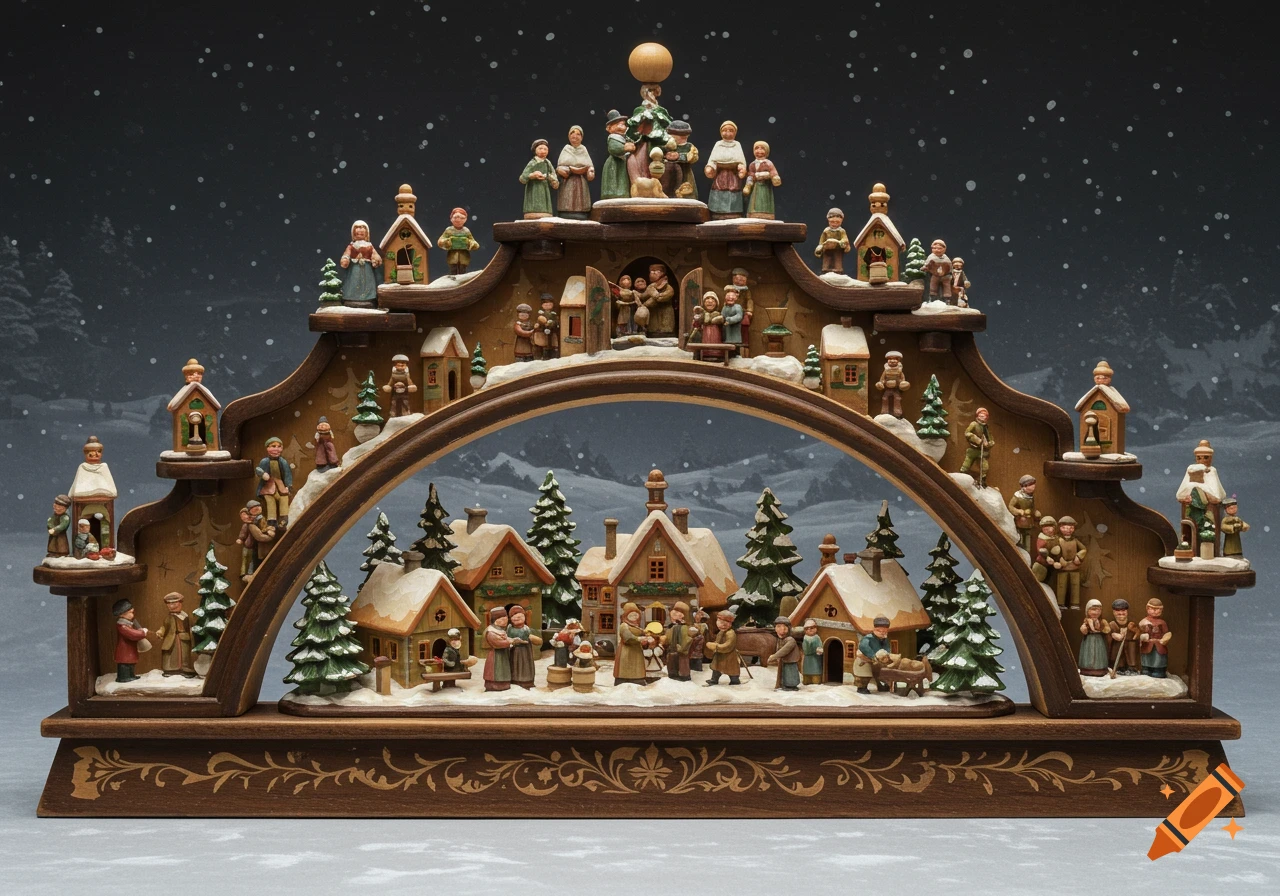 A traditional multi-tiered wooden Schwibbogen Christmas decoration depicting a snowy village scene with houses, trees, and small figures.