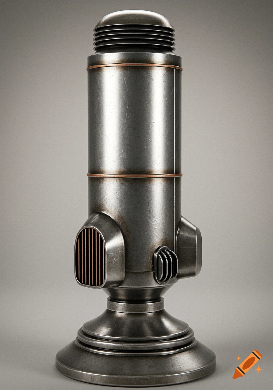 A detailed, retro-futuristic steampunk metallic device with vents and copper accents sits on a pedestal base.