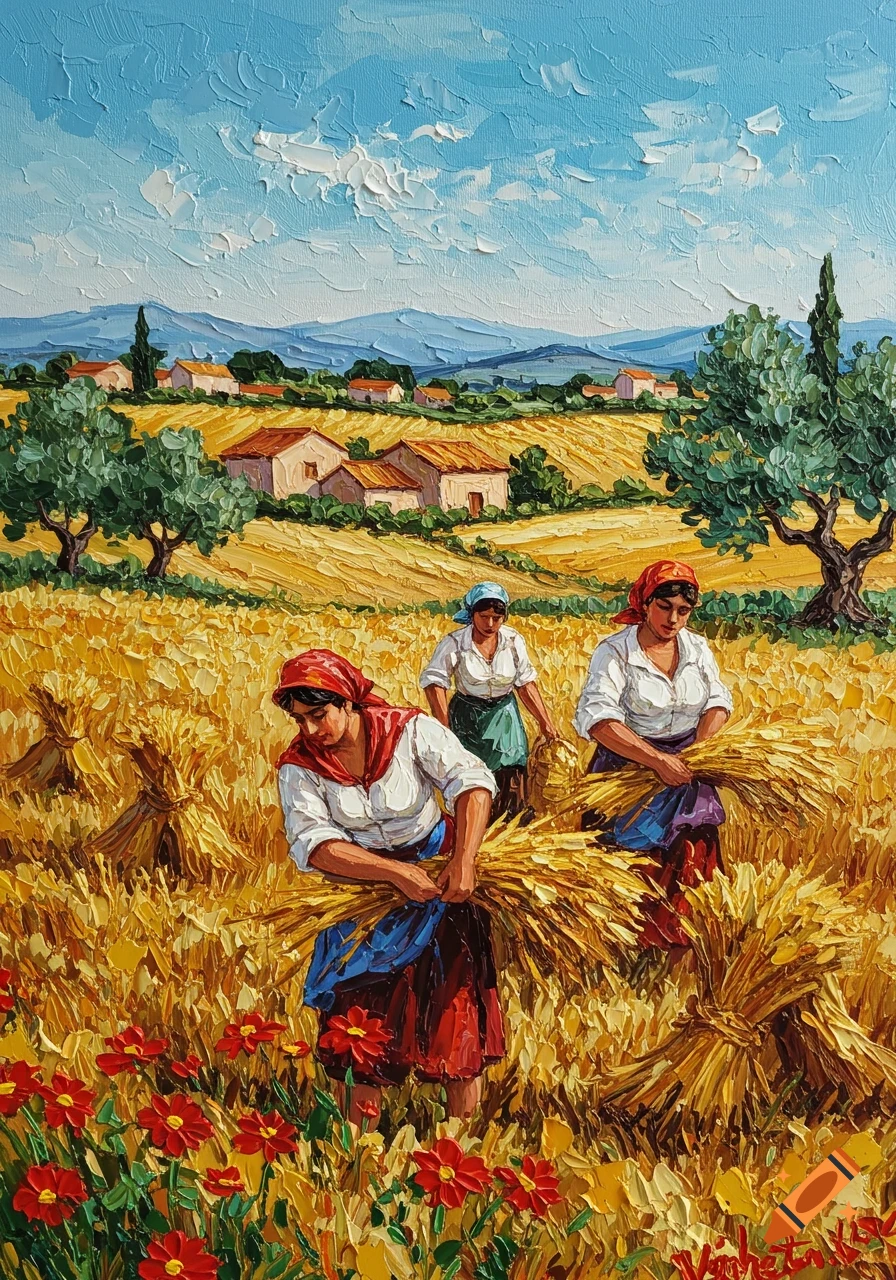 Textured oil painting depicts three women harvesting wheat in a golden field with red flowers, rural houses, and mountains.