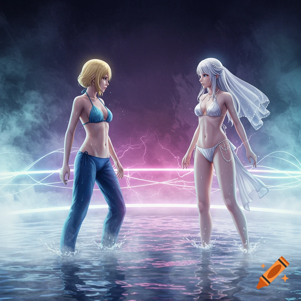 Two anime-style female fighters in bikinis face off in a glowing, misty, shallow water arena.