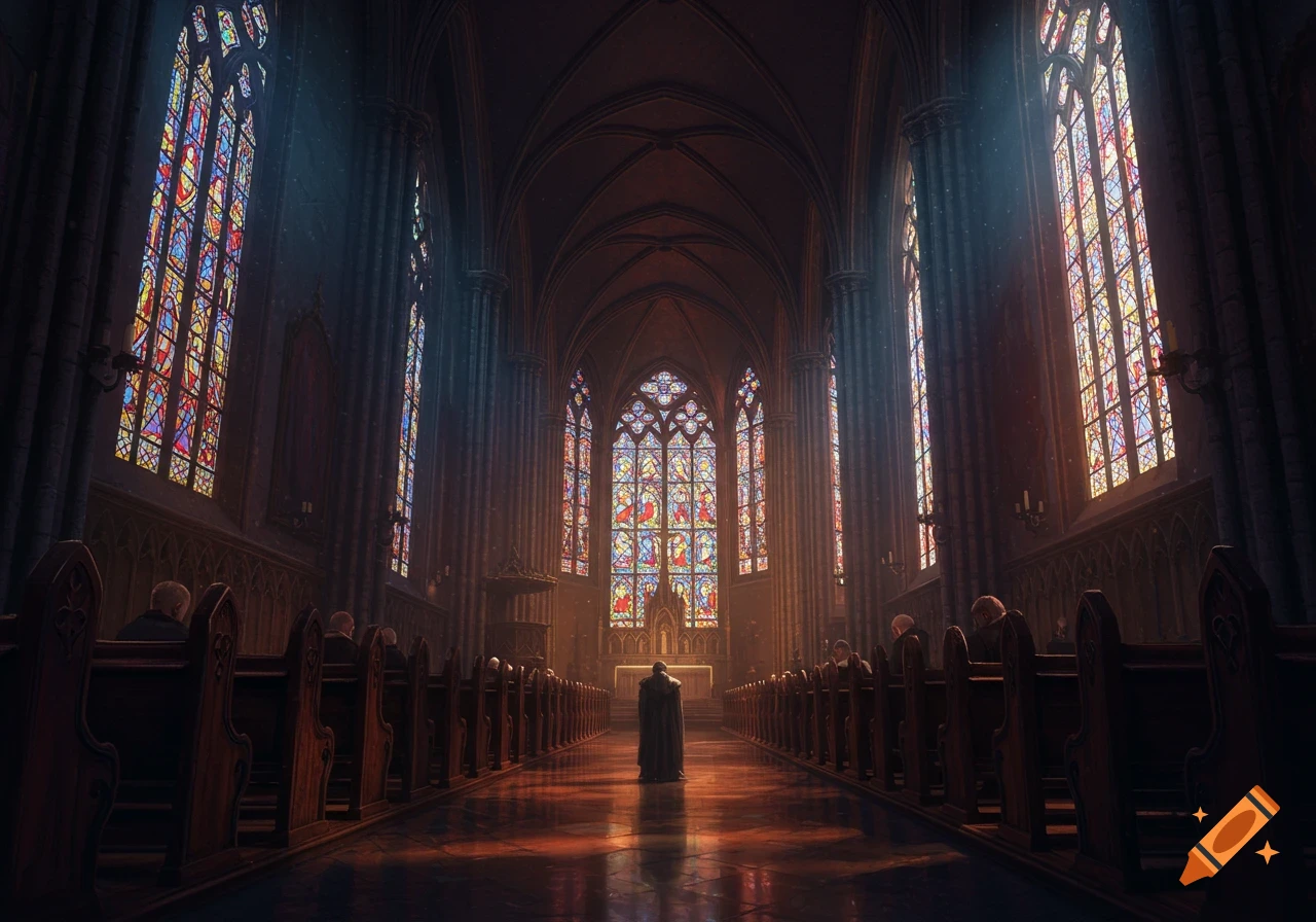 A grand, dark church interior with colorful stained-glass windows, light illuminating the aisle, and people in pews.