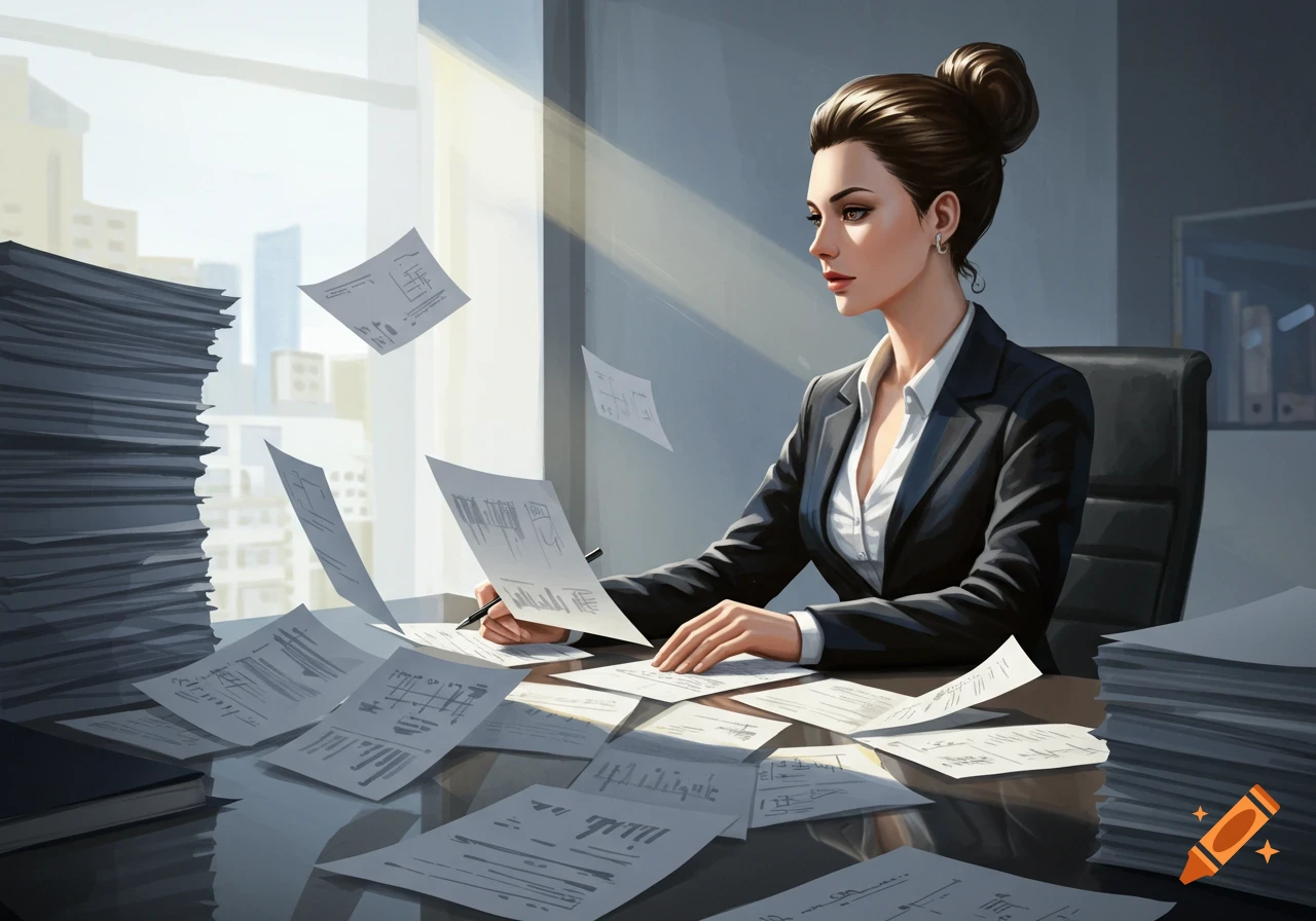 A professional woman with a bun sits at a desk in an office, surrounded by stacks of papers and flying documents.