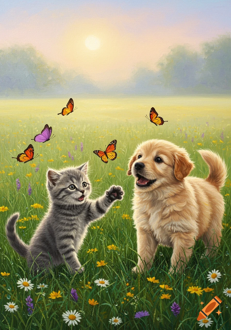 A grey kitten and a golden retriever puppy play in a sunny meadow with butterflies and wildflowers, painterly style.