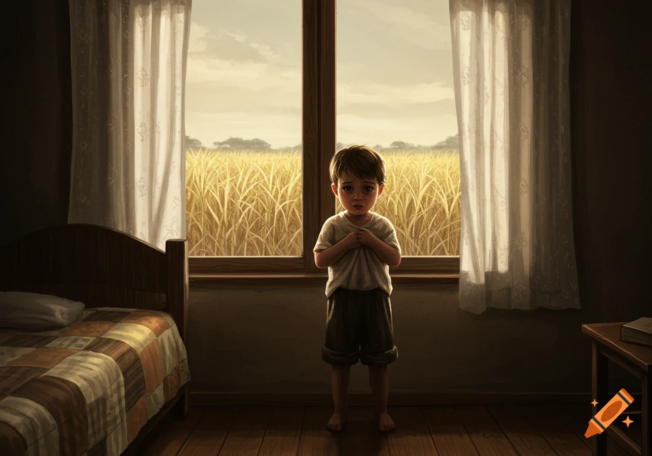 A sad young boy stands in a dimly lit room, looking out a window at a vast field of sugarcane.