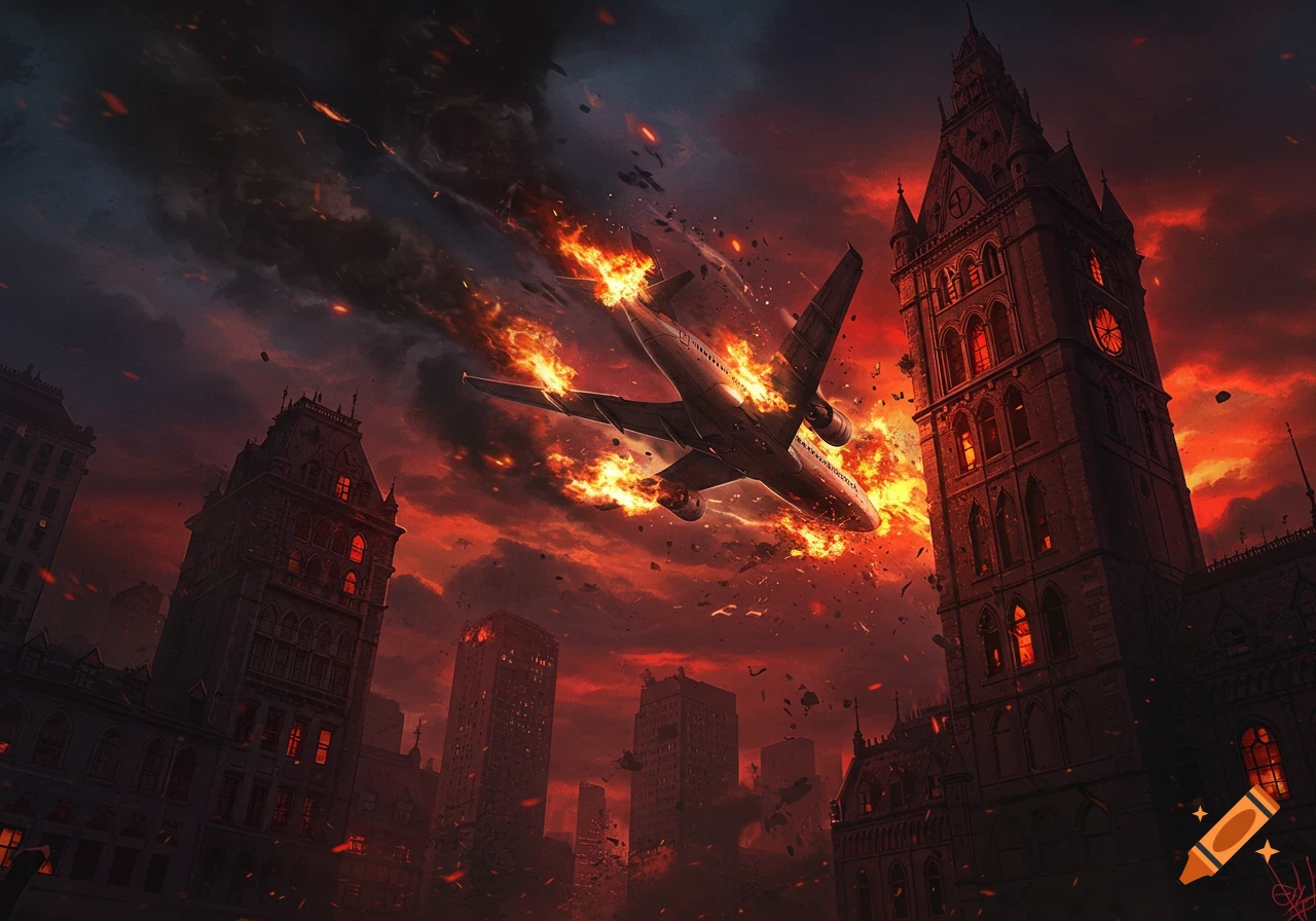 A fiery airplane crashes through a dark, gothic city under a dramatic red and orange sky, scattering debris.