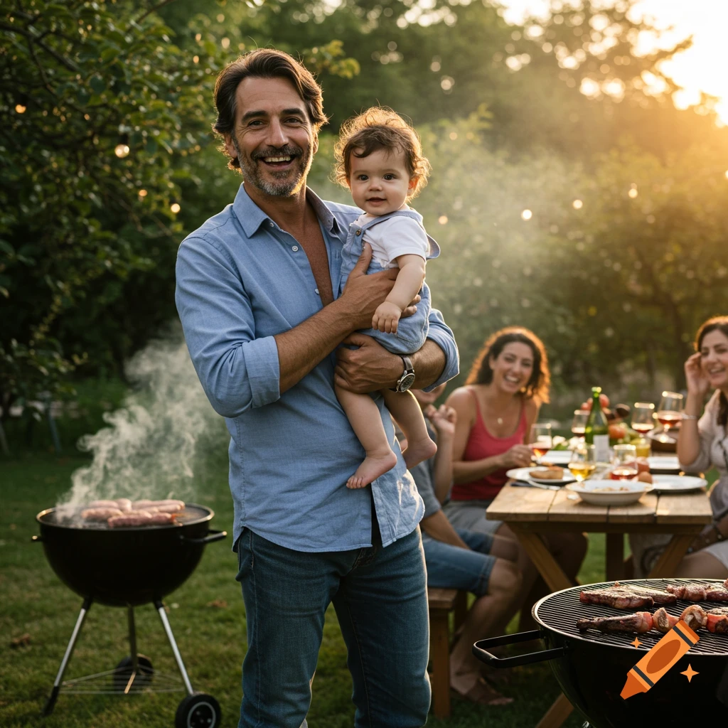 A smiling man holds a baby at a family barbecue in a sunny backyard with other guests in the background.