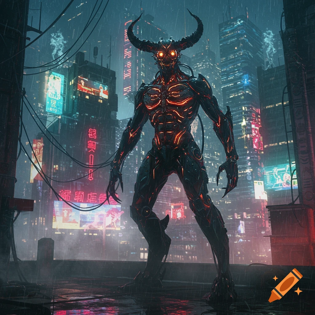 A futuristic demon with glowing orange patterns stands on a rooftop in a rainy cyberpunk city at night.