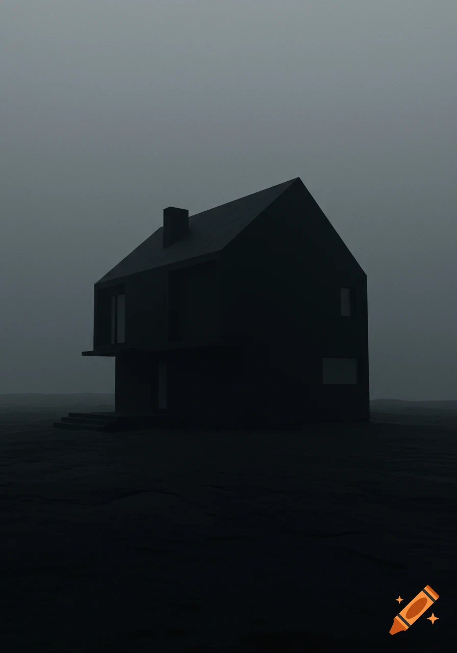 A dark, minimalist single house stands alone in a foggy, bleak landscape.