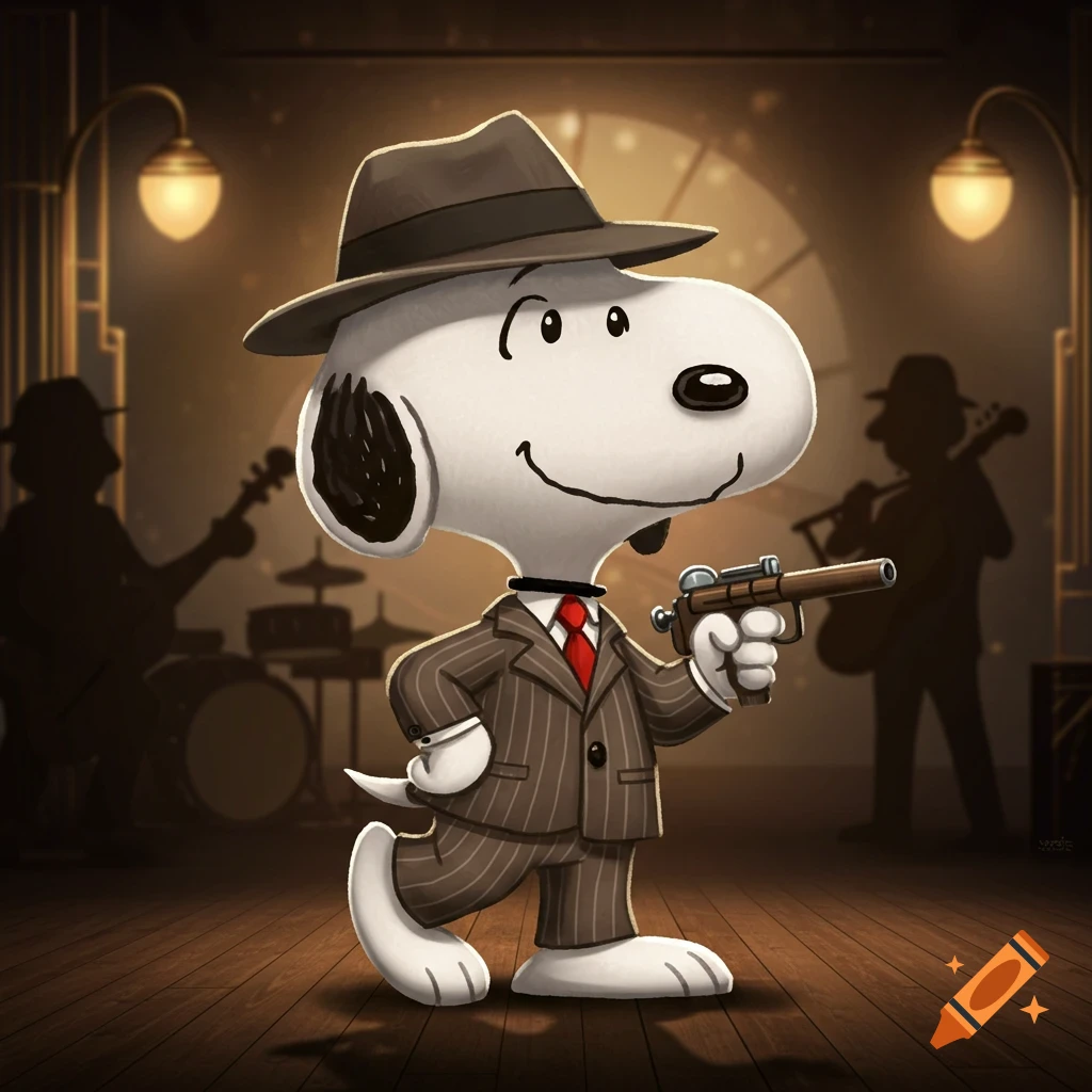 Snoopy, dressed in a pinstripe suit and fedora, walks forward holding a small pistol. He's smiling in a dimly lit, Art Deco-style room with silhouetted musicians in the background.