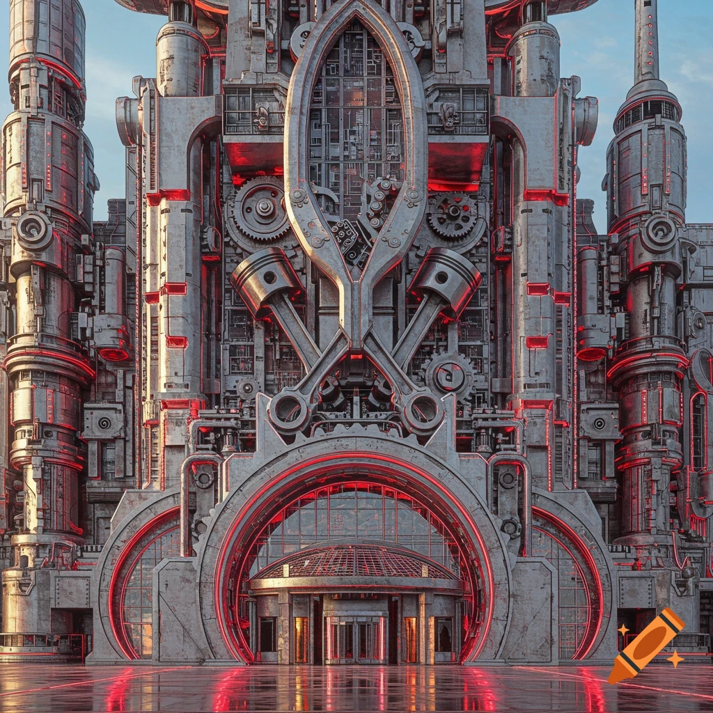 An ornate, futuristic building constructed from gears and various mechanical parts, highlighted with glowing red lights.