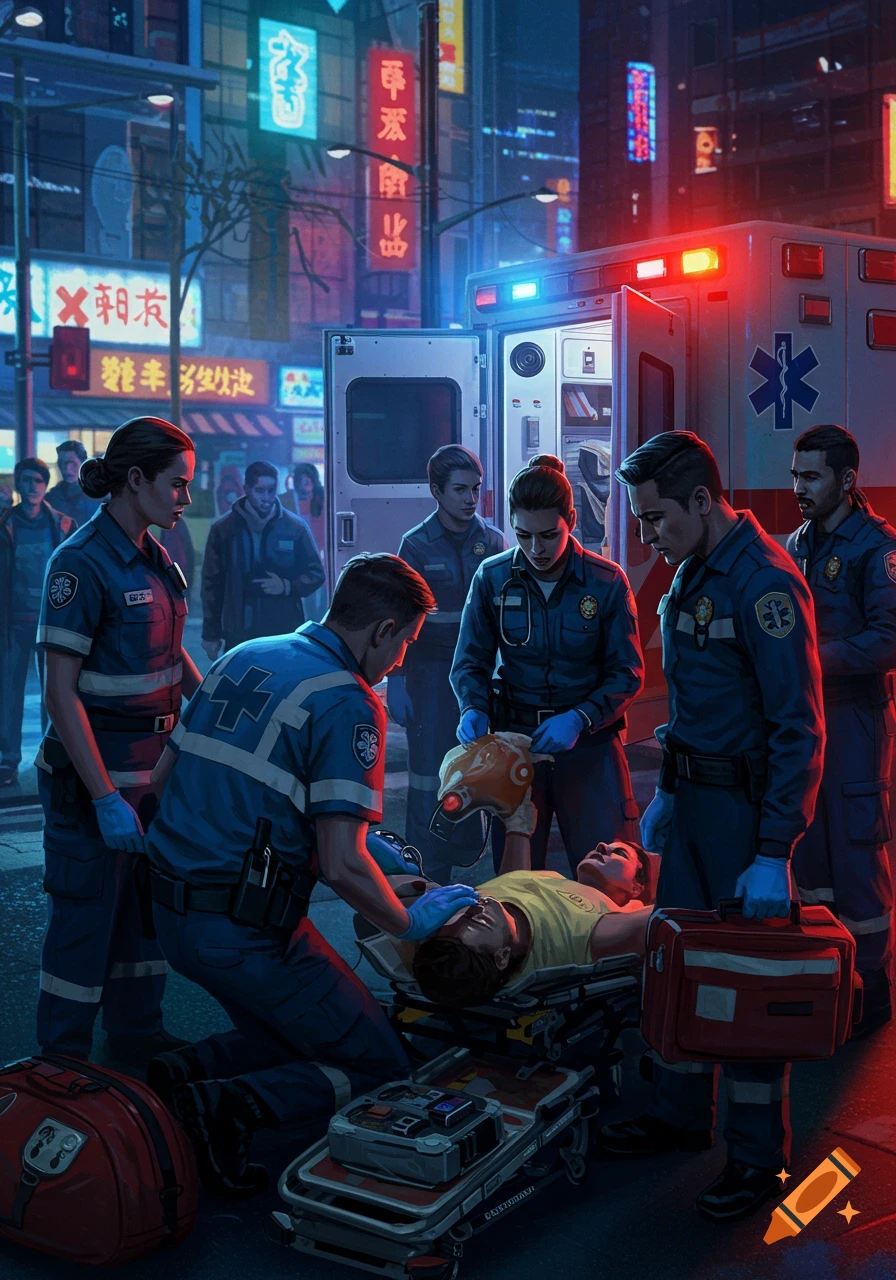 An emergency medical team attends to a patient on a stretcher beside an ambulance on a neon-lit city street at night.
