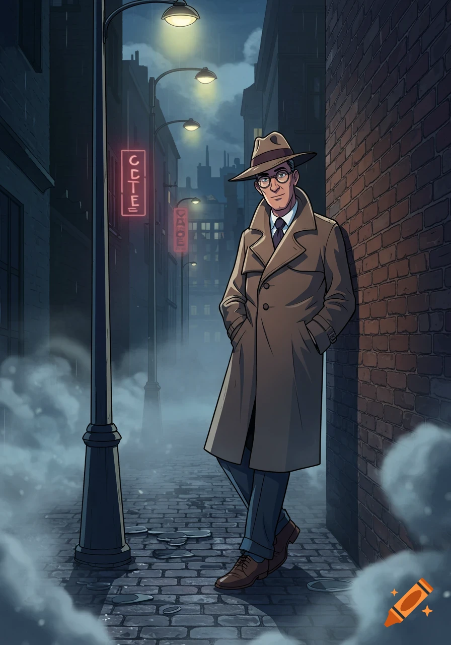A man in a trench coat and fedora stands in a dark, misty city alley under streetlights, leaning against a brick wall in a cartoon style.