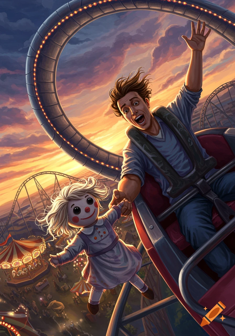 A man and a rag doll ride a roller coaster loop high above an amusement park at sunset, illustrated in a detailed, dynamic style.