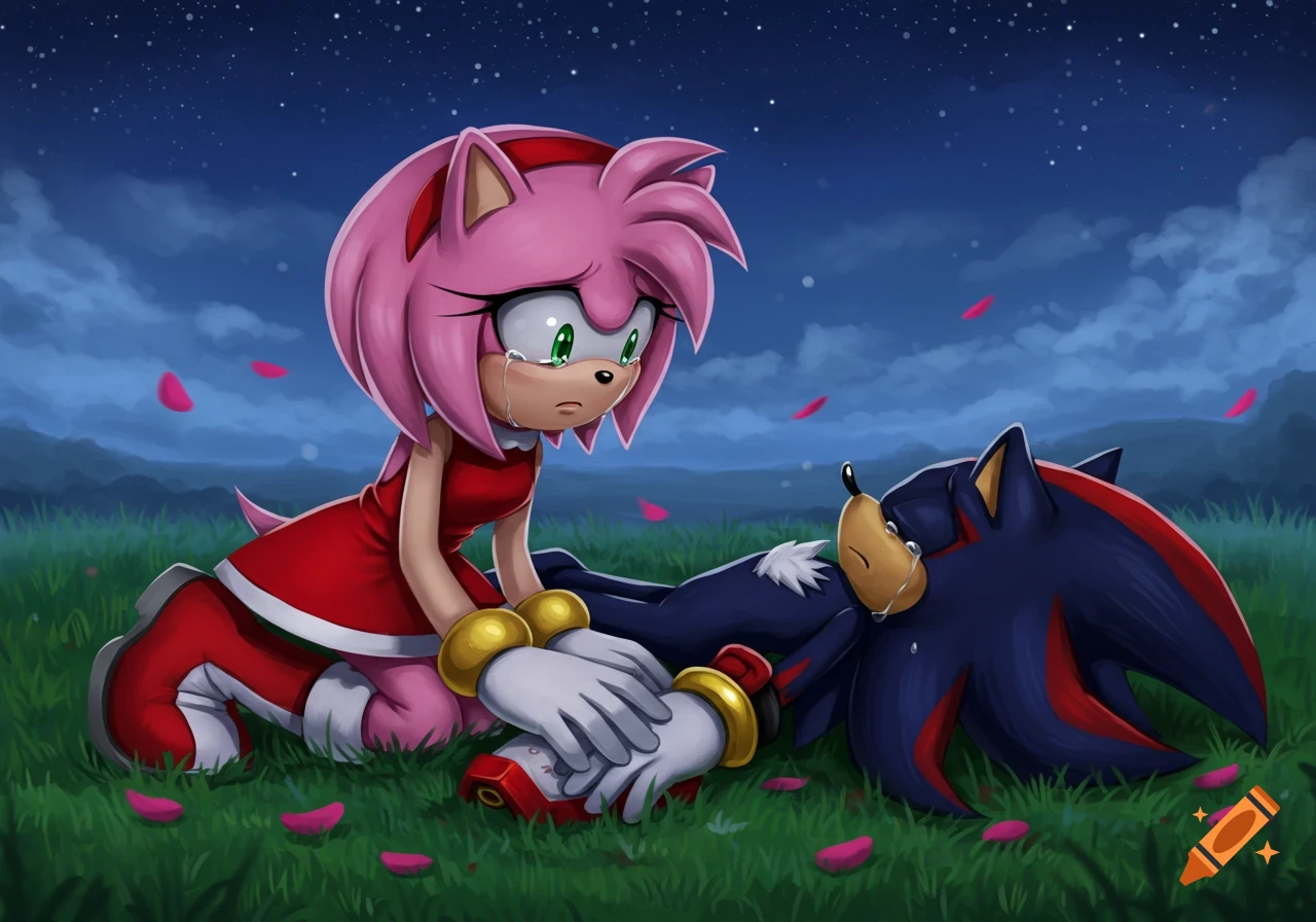 Amy Rose cries while kneeling beside Shadow the Hedgehog, who lies on the ground in a grassy field at night with falling rose petals. Anime.