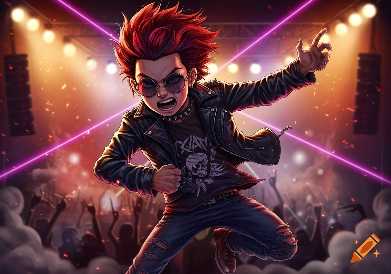 An energetic, cartoon-style young rock star with red spiky hair, sunglasses, and a leather jacket jumps on stage at a concert.