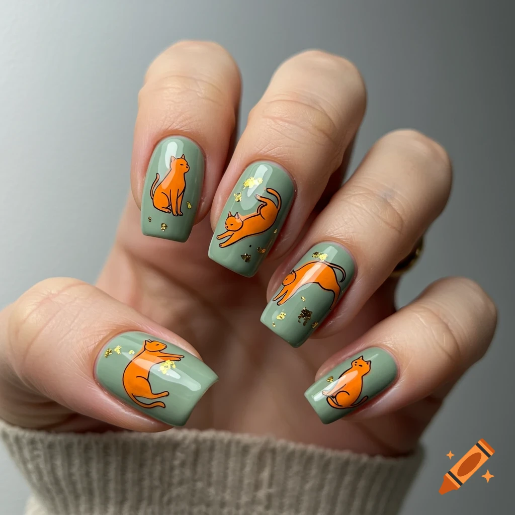 A hand displays sage green nails with minimalist orange tabby cat drawings and gold speckles.