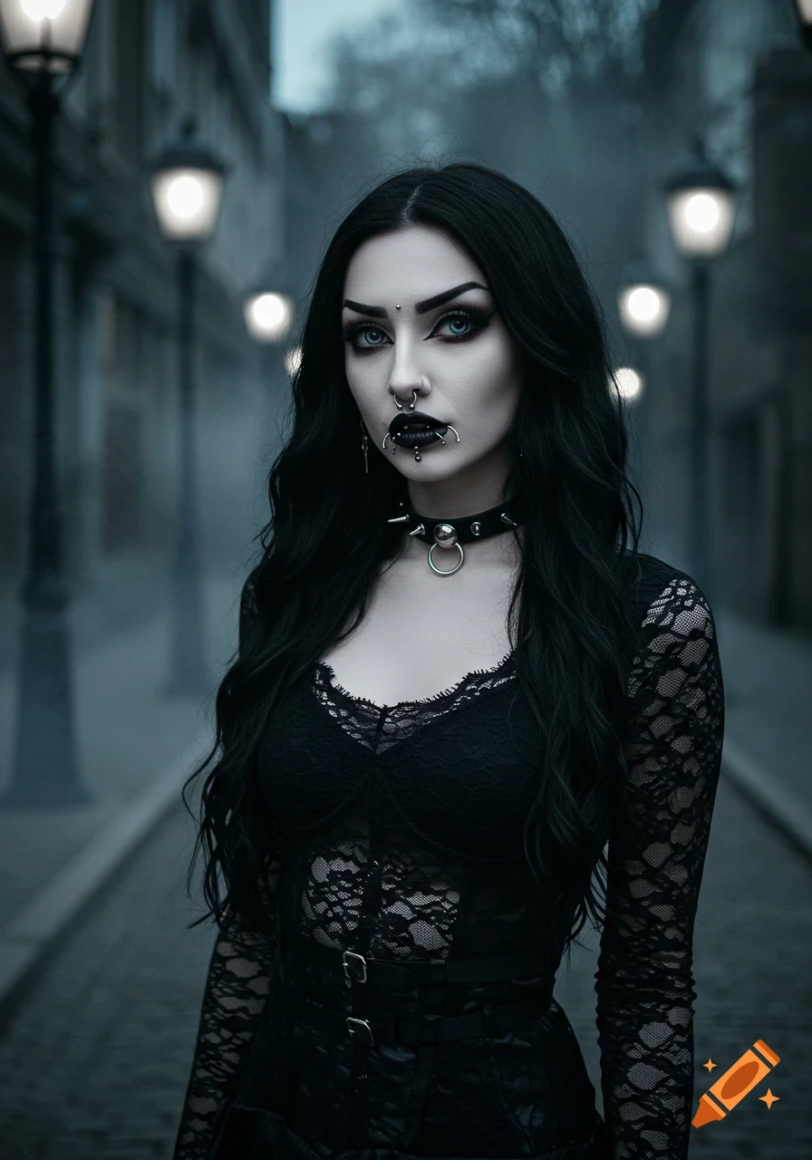 A goth woman with long black hair, multiple face piercings, and dark makeup, wearing a black lace top and choker, standing on a dimly lit street.