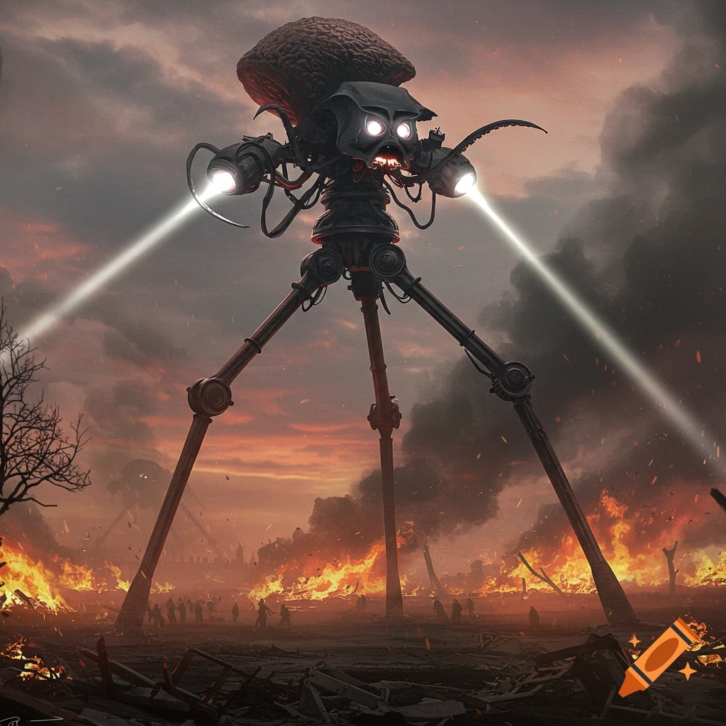 A menacing Martian tripod robot with glowing eyes and searchlights stands amidst a burning, apocalyptic cityscape at sunset.