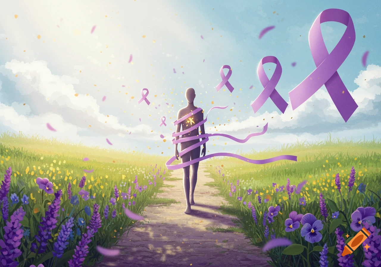 An illustrative image of a stylized figure walking on a path through a field of purple flowers, surrounded by floating purple awareness ribbons.