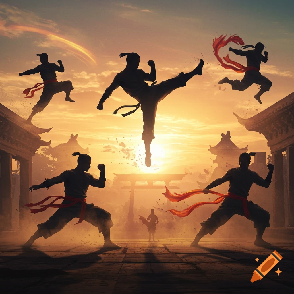 Silhouettes of five martial artists in dynamic action poses against a vibrant orange sunset, with traditional Asian architecture in the background.