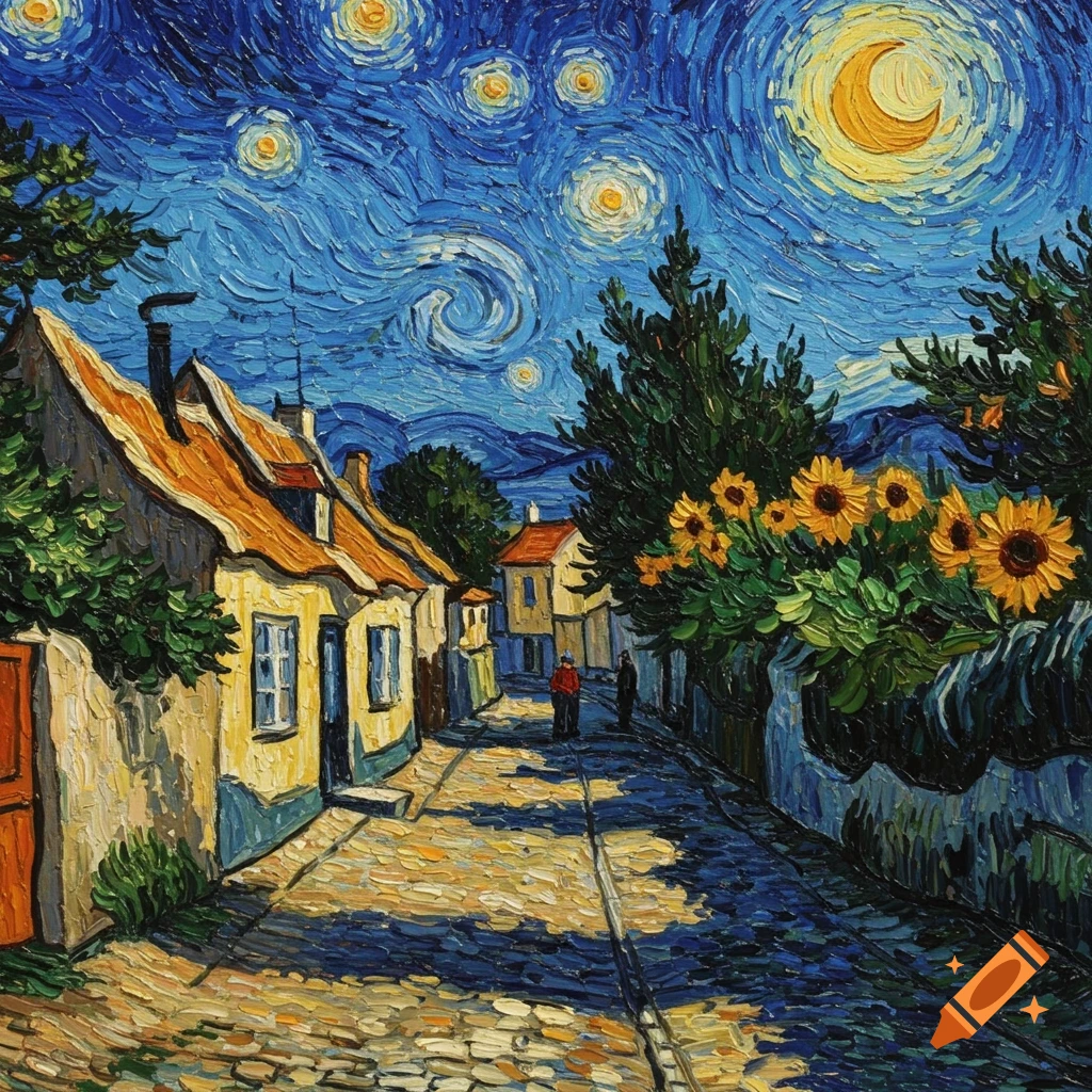 A vibrant Van Gogh style painting of a street scene at night with houses, sunflowers, and a swirling starry sky.