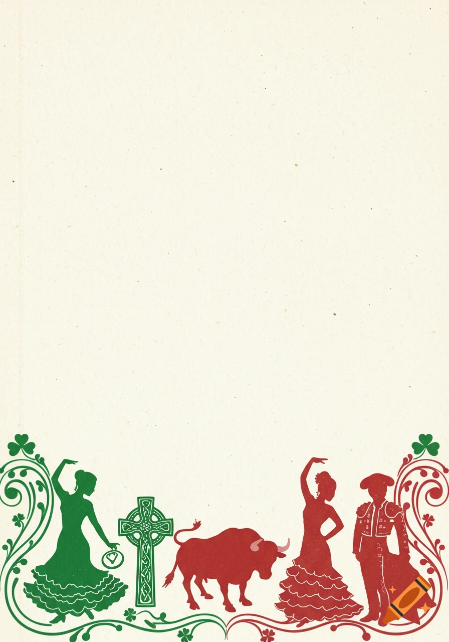 Stylized bottom border with green Irish elements including a dancer, Celtic cross, and shamrocks, and red Spanish elements with a bull, flamenco dancer, and matador on a textured background.