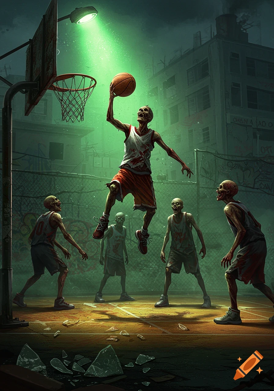 A team of five skeletal zombies, wearing tattered basketball jerseys, play basketball on a grungy urban court under a green street light at night. One zombie leaps to dunk the ball.
