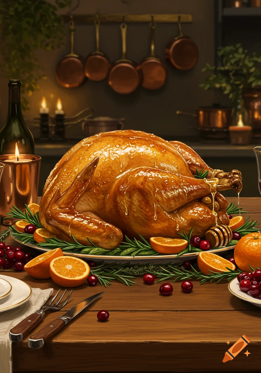 A golden brown roasted Thanksgiving turkey garnished with oranges, cranberries, and rosemary on a wooden table with candles and cutlery.