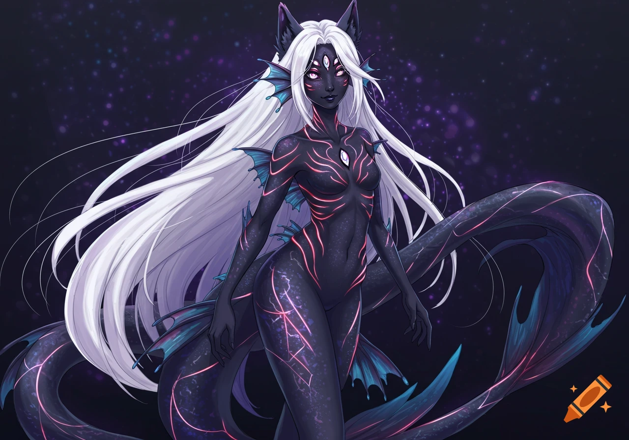 An anime-style dark-skinned mermaid with long white hair, six glowing pink eyes, wolf ears, and a long, dark, finned tail with pink bioluminescent lines against a starry purple background.