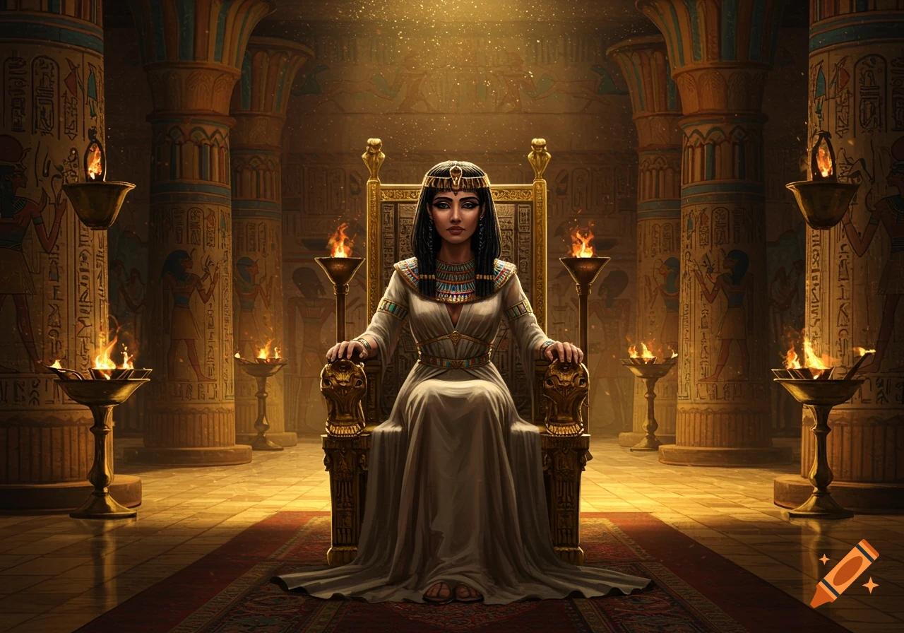 A regal woman resembling Cleopatra sits on a golden throne in an ornate ancient Egyptian temple with hieroglyph-covered pillars and flickering torches.