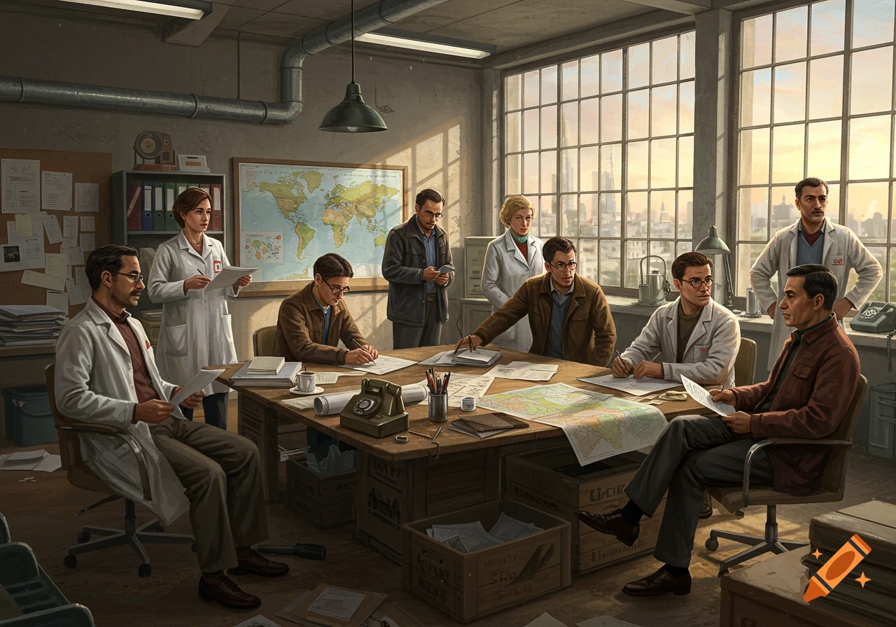 A group of scientists or doctors in lab coats and brown jackets gather around a large wooden table in an office, studying maps and documents.