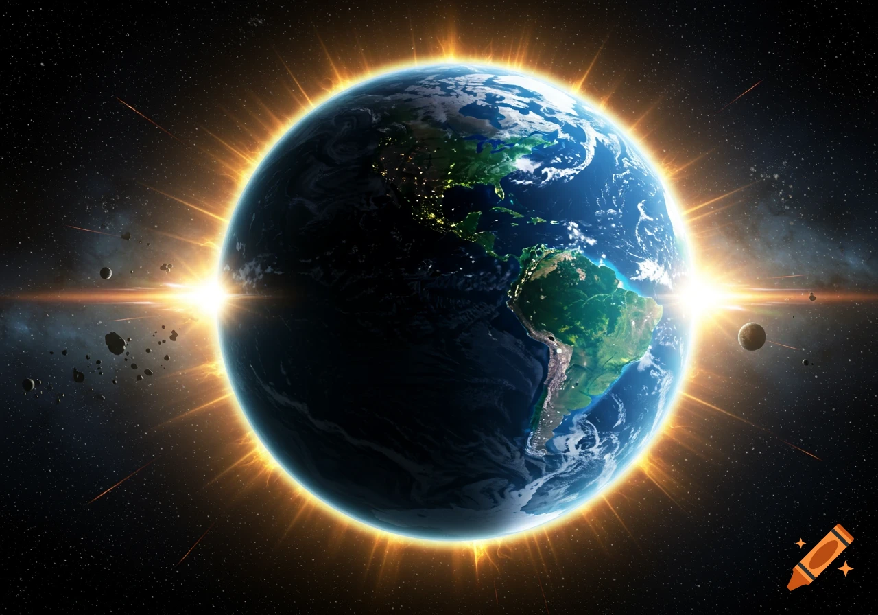 The Earth is bathed in a brilliant golden light from behind, surrounded by stars and asteroids in deep space.