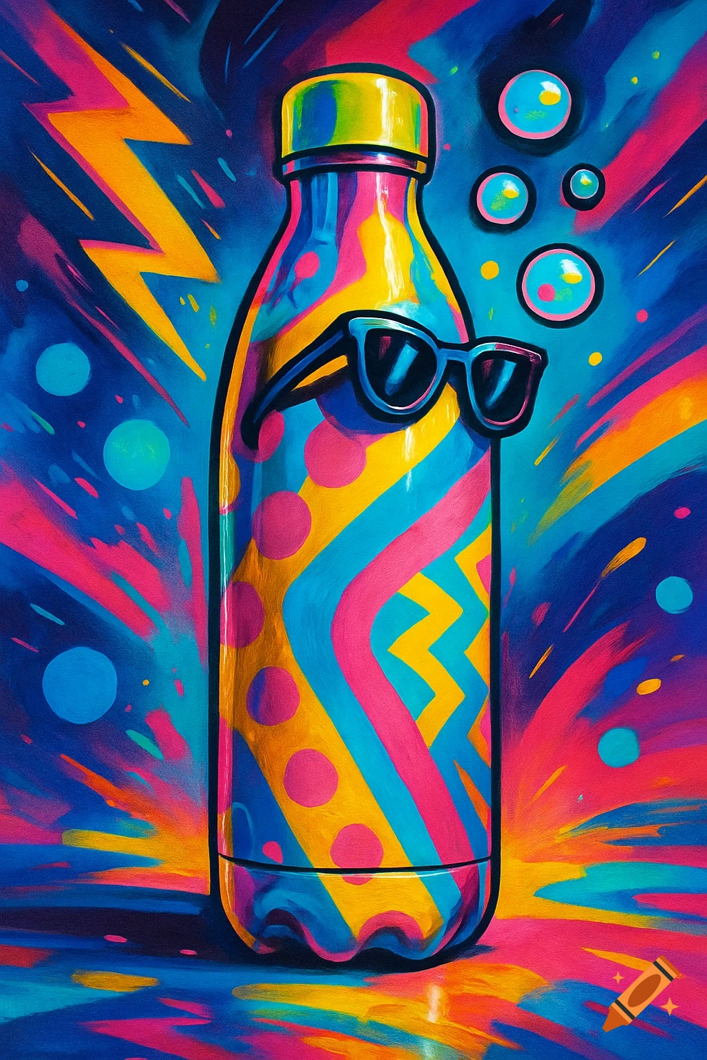 Vibrant pop art illustration of a bottle with sunglasses, featuring colorful abstract patterns, lightning bolts, and bubbles.
