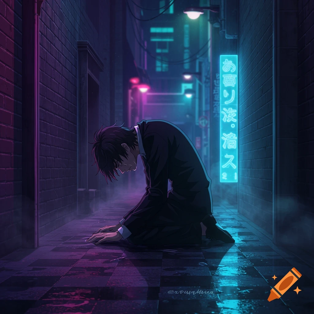 A man in a suit kneels on a wet, tiled alley floor under blue and pink neon lights in an anime style.